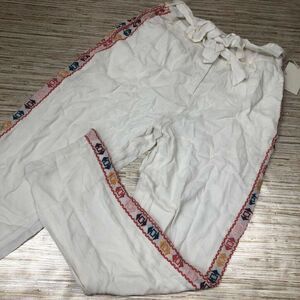 T-157 Tularosa Straight Leg Pants Ivory Geometric Embroidery Belted Lined XL New